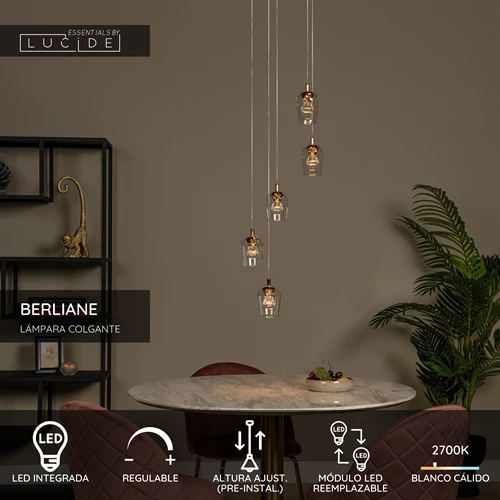 Lucide BERLIANE - Lámpara colgante - Ø 34 cm - LED Regul. - 5x4W 2700K - Con módulo LED reemplazable - Transparente | Essential - USP